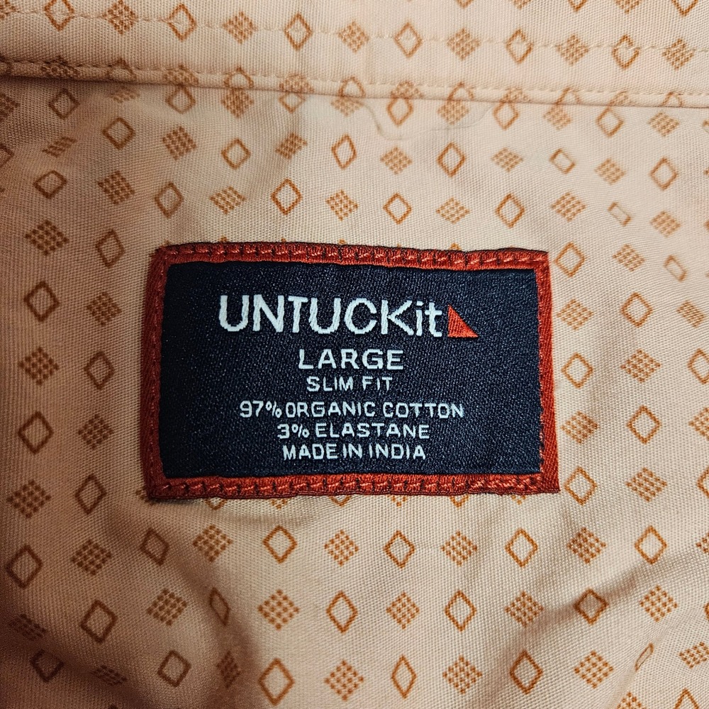 UNTUCKit Mens Slim Fit Short Sleeve Button Down Shirt Peach Diamond Print Large - Picture 2 of 5